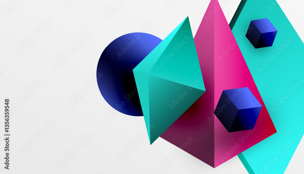 Poster abstract design showcasing isometric cubes, pyramids, squares, and spheres in a vibrant 3d layout. m
