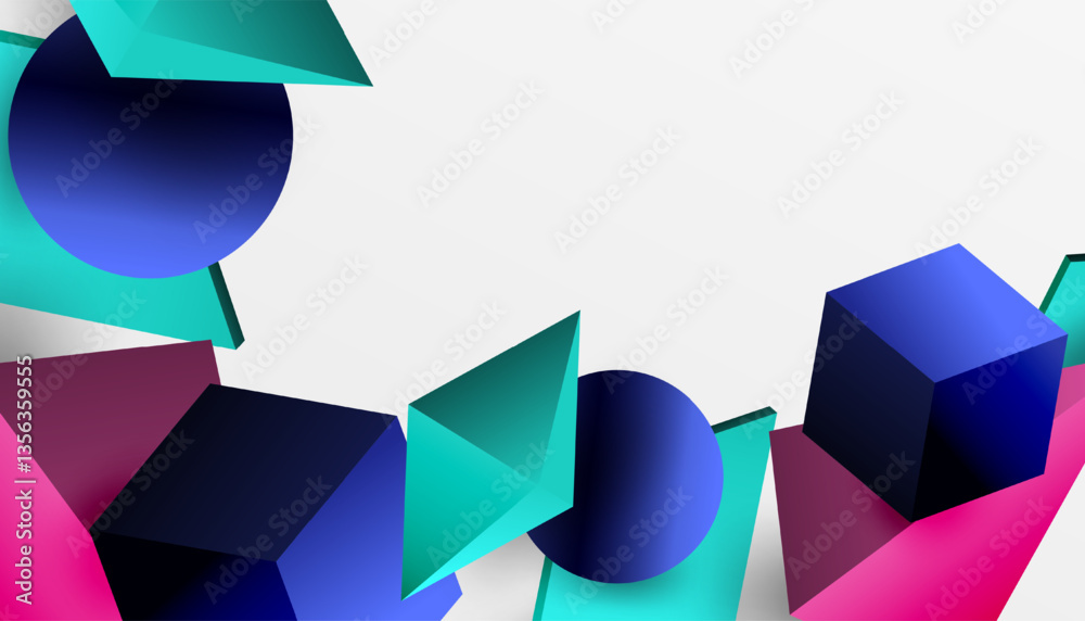 Aufkleber abstract design showcasing isometric cubes, pyramids, squares, and spheres in a vibrant 3d layout. m