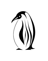Fototapeta premium Full-shot of a simple, stylized penguin illustration. The penguin is presented in black and white. Its body is a solid black shape with a white midsection. 