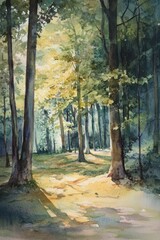 A beautiful painting of sunlight through a shaded forest of trees