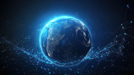 Abstract digital blue Earth with global network connections and data transfer in space on a dark background