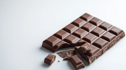 Decadent milk chocolate bar with broken pieces on a clean white surface inviting indulgence and sweet cravings with a minimalist style and bright mood