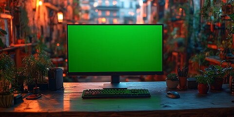 A computer monitor and peripherals on a wooden desk