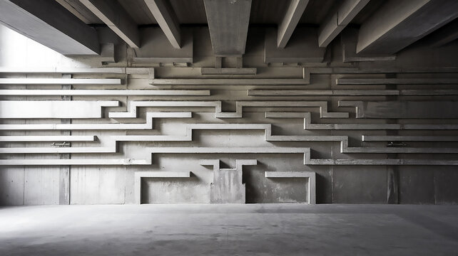 Interior view of a concrete room with a geometric wall design and ceiling beams in gray tones
