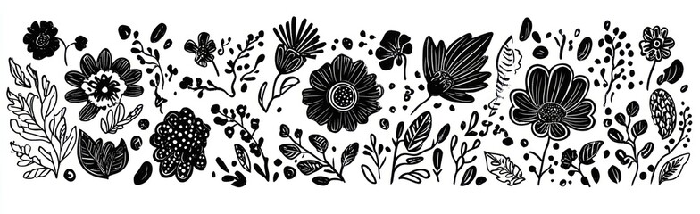 Black ink doodle wildflowers  simple vector graphics