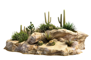 A small desert oasis featuring cacti, rocks, and dry soil.
