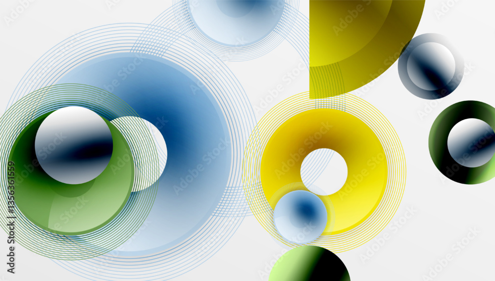 Poster Abstract composition of overlapping circles with smooth gradients and transparency effects. Clean and modern design emphasizing depth, symmetry, and a minimal aesthetic