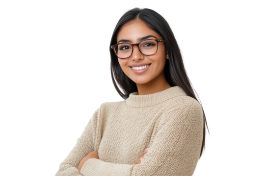 Smiling woman with glasses and crossed arms on transparent background