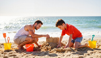 Father and son building a sandcastle at the beach, family bonding