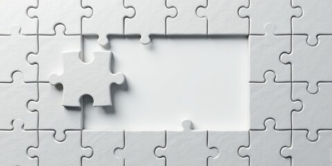 A single white puzzle piece rests near a rectangular gap in a larger white jigsaw puzzle, representing completion, connection, or a missing element.