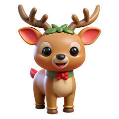Cute Cartoon Reindeer with Antlers and Holiday Happy Deer Christmas Illustration 3D