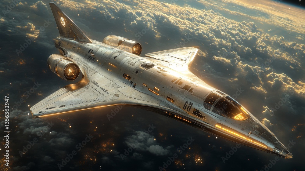 Aufkleber An advanced spaceplane is captured soaring through the atmosphere, displaying innovative propulsion systems against a dramatic backdrop of clouds and distant planetary bodies.