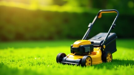 Obraz premium A vibrant yellow lawnmower rests on a lush green lawn, bathed in the warm glow of sunlight, promising a beautifully manicured landscape