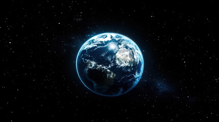 The Earth in space, glowing blue and white, with stars in the background