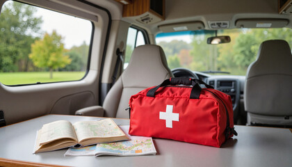 Essential RV first aid kit on camper van counter, travel preparedness