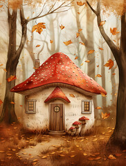 Urocza, bajkowa ilustracja domu w kształcie muchomora w magicznym, jesiennym lesie. Przytulna chatka ze spadającymi liśćmi, idealna do książki dla dzieci.