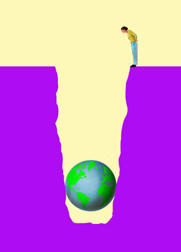 Illustration of a man looking down at Earth in a hole symbolizing global issues