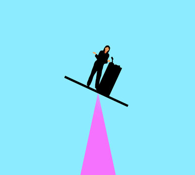 Illustration of a businesswoman at a podium on a balance beam symbolizing risk and instability