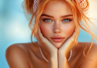 Naklejka premium Woman with blonde hair and blue eyes. She has a tan complexion and is smiling