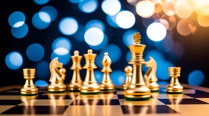 image captures a Golden chess pieces on stylish chessboard