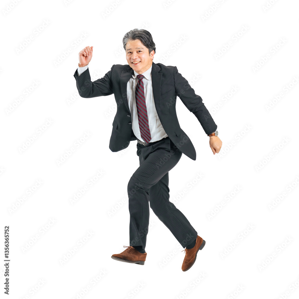 Aufkleber 元気にジャンプするミドルエイジ男性ビジネスパーソン　手作業で精密に切り抜いた背景透過全身写真png