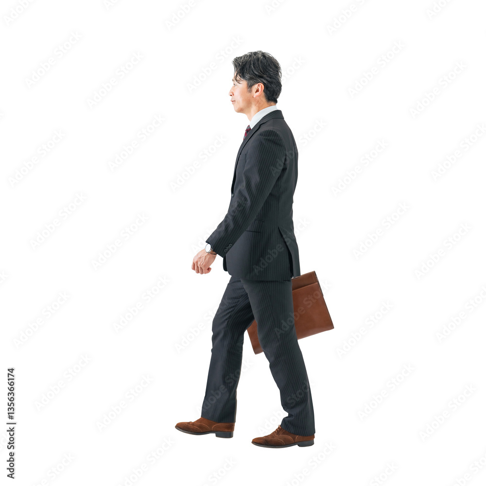 Aufkleber 横向きに歩くミドルエイジ男性ビジネスパーソン　手作業で精密に切り抜いた背景透過全身写真png