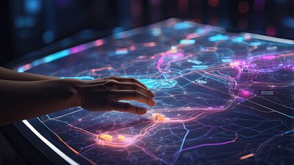 A close-up image of a person's hand placing a location marker pin on a digital map