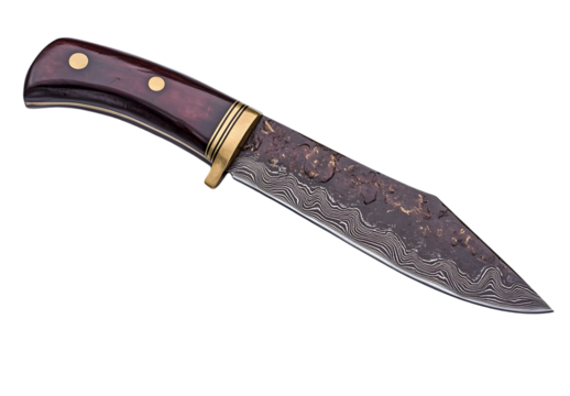 Handcrafted hunting knife with a damascus blade and wood handle on transparent background