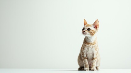 Obraz premium Devon Rex cat is sitting on a white background. Looking forward. The cat's eyes are wide open, giving it a curious and alert appearance . Copy space . 