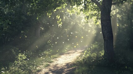 Enchanted Pathway, Sun-Dappled Forest with Mysterious Glowing Lights