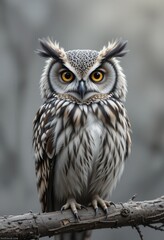 Majestic Owl Perched on Branch with Striking Eyes and Intricate Feather Patterns in Natural Habitat