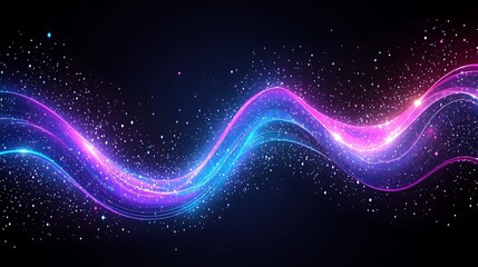 Fototapeta premium Abstract glowing neon wave with sparkles on dark background.
