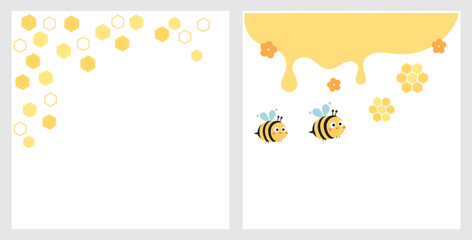 Honey sign with hexagon grid cells, bee cartoons and honey drop isolated on white backgrounds vector.