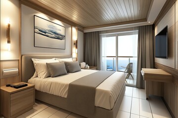 Modern cruise ship stateroom with ocean view