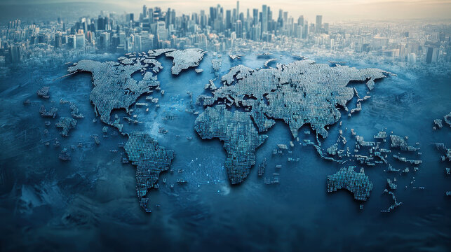 Digital world map made of data and technology, with a cityscape background. Concept for global connectivity in the digital age - Powered by Adobe