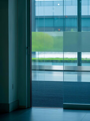 Abstract bokeh background with a blurred sliding glass door in a modern office interior. A soft, minimal design perfect for social media posts, wallpapers, and professional visuals.

