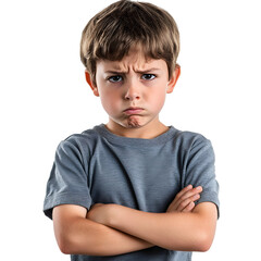 A young boy stands with his arms crossed, displaying a displeased and defiant expression. His furrowed brow emphasizes his mood.