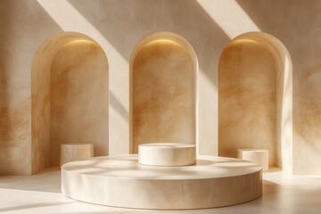 Fototapeta premium Elegant Beige Interior with Arched Niches and Cylindrical Platforms for Product Display and Minimalist Aesthetic