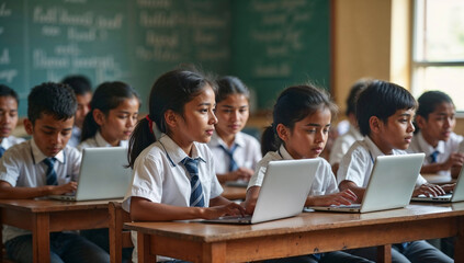 Indian School Kids Using Laptops in a Classroom Against a Green Chalkboard Background Filled with Educational Doodles