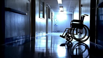 Empty wheelchair waiting in the hospital corridor with soft lighting  