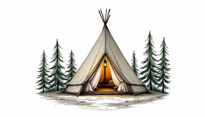 A hand-drawn triangular tent with pine trees and a lantern in a circular forest scene.

