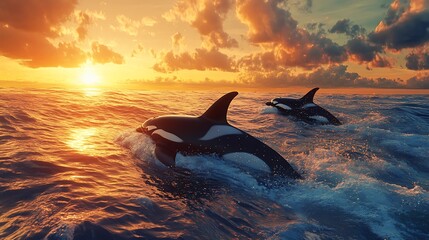 Fototapeta premium Dolphins Riding Ocean Waves at Golden Hour High Resolution Picture