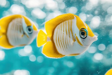 Naklejka premium Captivating close up of vibrant yellow and white butterflyfish swimming gracefully in clear turquoise water with bokeh background