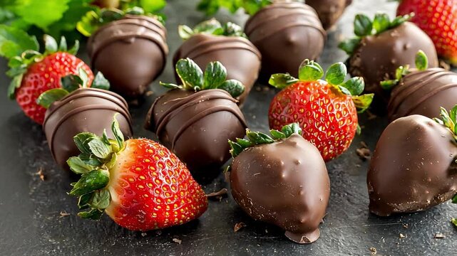 Fresh Strawberries Dipped in Rich Chocolate on a Dark Slate Background Perfect for Desserts and Treats