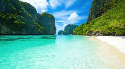 Fototapeta premium Tropical Paradise, Azure Waters and Majestic Cliffs Beckon Travellers