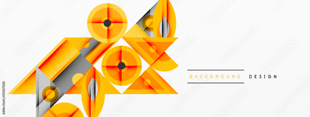 Poster Geometric abstract composition with intersecting shapes, circles, triangles, and gradients, blending vibrant colors and dynamic contrasts to create a modern, futuristic visual design