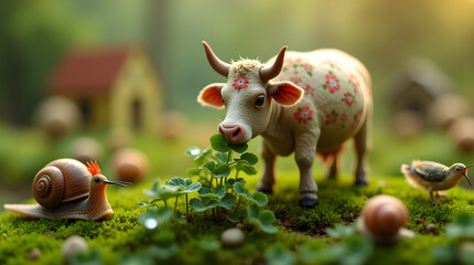 A whimsical miniature cow with floral patterns grazes on lush greenery, surrounded by a tiny snail and bird in an enchanted forest. A charming fantasy scene filled with warmth, nature, and creativity.