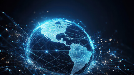 Abstract digital blue Earth with global network connections and data transfer in space on a dark background