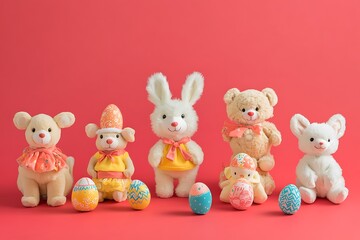 Fototapeta premium A playful series of stuffed animals dressed in Easter attire, isolated on a vibrant coral background.