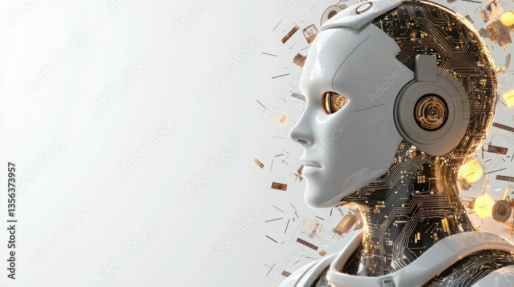 Poster robot with a broken head symbolizing challenges in ai automation for profits and technological advan